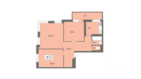 Продажа 3-комнатной квартиры 77,6 м², 6/12 этаж