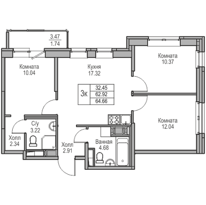 62,9 м², 3-комн. квартира, 8/23 этаж