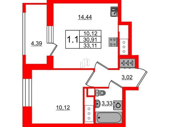 Продажа 1-комнатной квартиры 30,9 м², 14/23 этаж