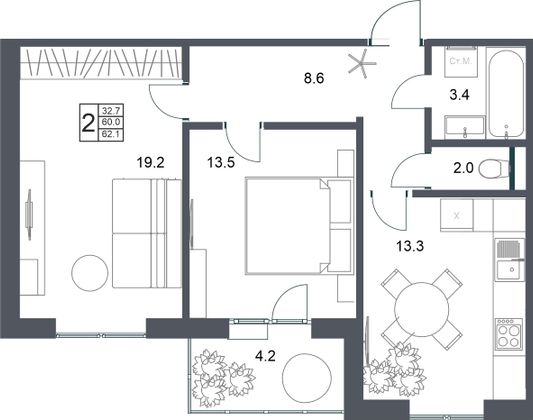 62,1 м², 2-комн. квартира, 18/20 этаж