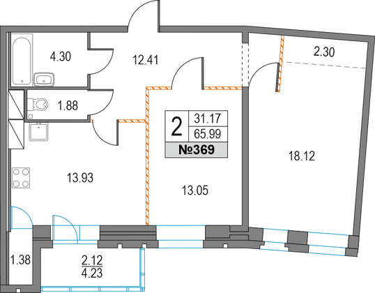 66 м², 2-комн. квартира, 9/25 этаж