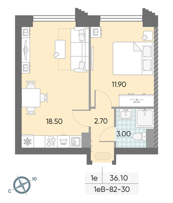 Продажа 1-комнатной квартиры 36,1 м², 30/58 этаж