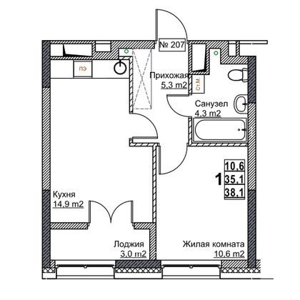 Продажа 1-комнатной квартиры 38,1 м², 9/24 этаж