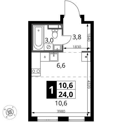 24 м², 1-комн. квартира, 2/24 этаж