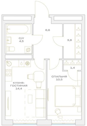 Продажа 1-комнатной квартиры 41,2 м², 12/23 этаж