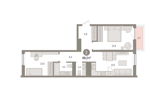 69,2 м², 2-комн. квартира, 7/8 этаж