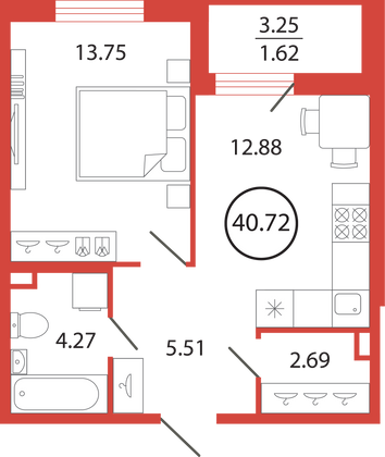 Продажа 1-комнатной квартиры 40,7 м², 12/12 этаж