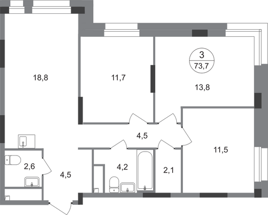 73,7 м², 3-комн. квартира, 2/19 этаж