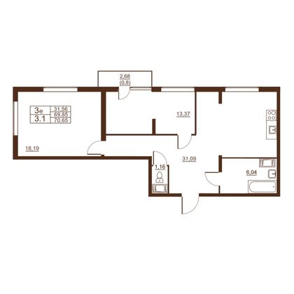 70,7 м², 3-комн. квартира, 7/11 этаж