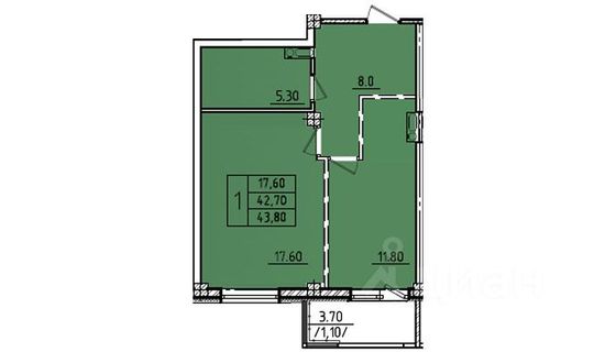 Продажа 1-комнатной квартиры 45,2 м², 6/10 этаж