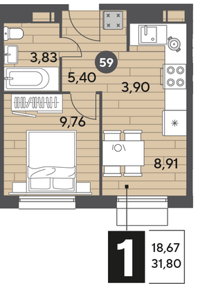 Продажа 1-комнатной квартиры 31,8 м², 9/9 этаж