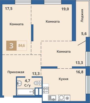 84,6 м², 3-комн. квартира, 2/15 этаж