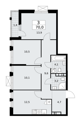 70 м², 3-комн. квартира, 9/18 этаж