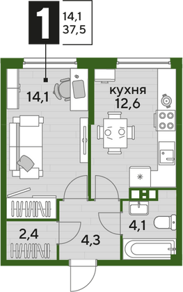 Продажа 1-комнатной квартиры 37,5 м², 3/19 этаж