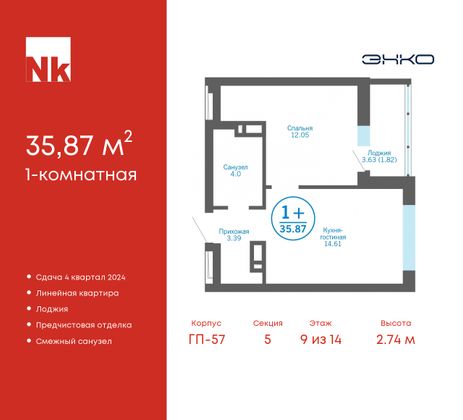 35,9 м², 1-комн. квартира, 9/14 этаж