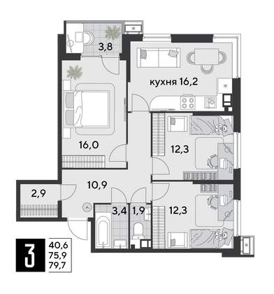 Продажа 3-комнатной квартиры 79,7 м², 7/18 этаж