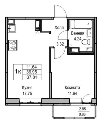 Продажа 1-комнатной квартиры 37,8 м², 21/22 этаж