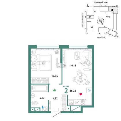 36,2 м², 2-комн. квартира, 15/32 этаж