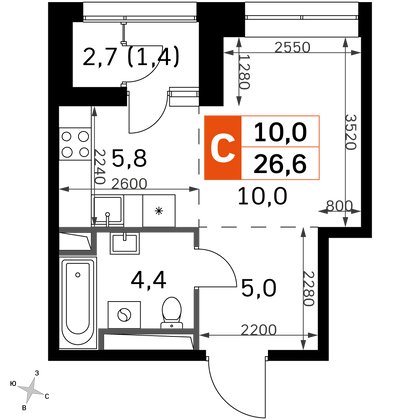 26,8 м², студия, 3/23 этаж