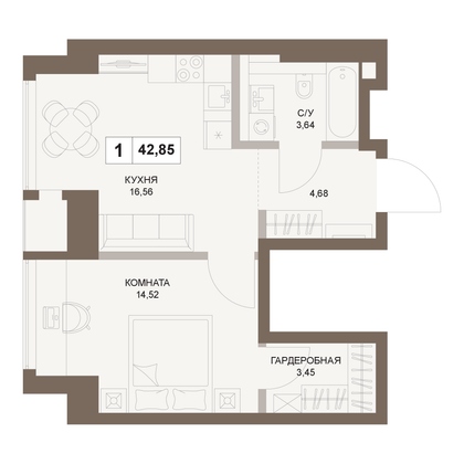 42,8 м², 1-комн. квартира, 8/75 этаж