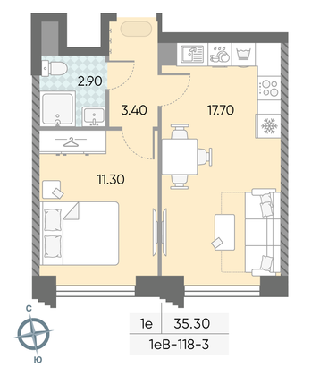 Продажа 1-комнатной квартиры 35,3 м², 3/58 этаж