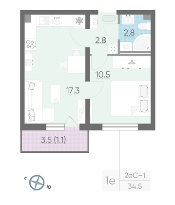 Продажа 1-комнатной квартиры 34,9 м², 2/12 этаж