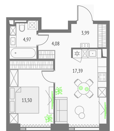 43,9 м², 1-комн. квартира, 16/57 этаж