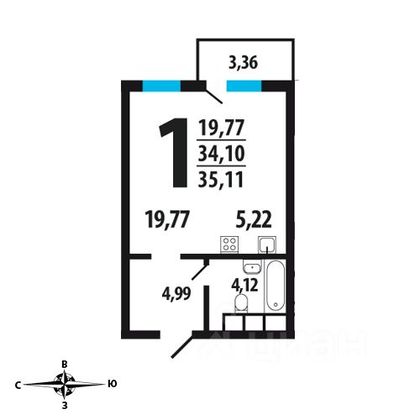 Продажа квартиры-студии 34,1 м², 4/14 этаж