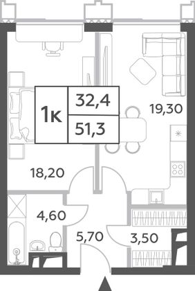 51,3 м², 2-комн. квартира, 46/52 этаж
