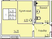 30,7 м², 1-комн. квартира, 3/4 этаж