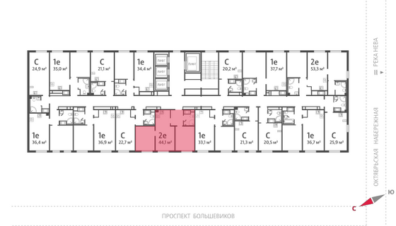 44,1 м², 2-комн. квартира, 18/25 этаж