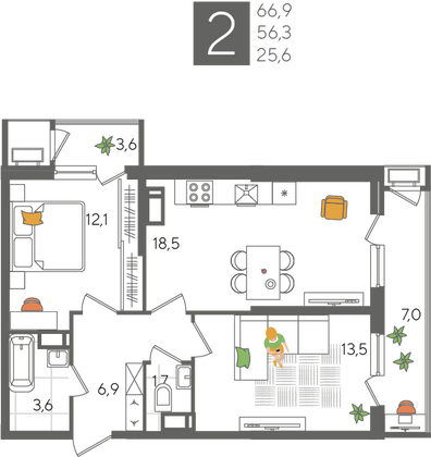 Продажа 2-комнатной квартиры 66,9 м², 24/24 этаж