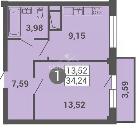 Продажа 1-комнатной квартиры 34,2 м², 2/14 этаж