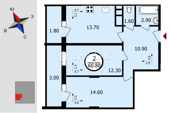 Продажа 2-комнатной квартиры 60,8 м², 18/18 этаж