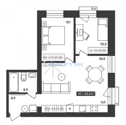 Продажа 3-комнатной квартиры 63,3 м², 3/4 этаж