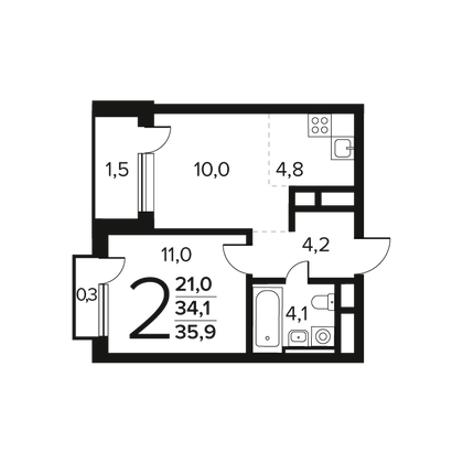 35,9 м², 2-комн. квартира, 3/9 этаж