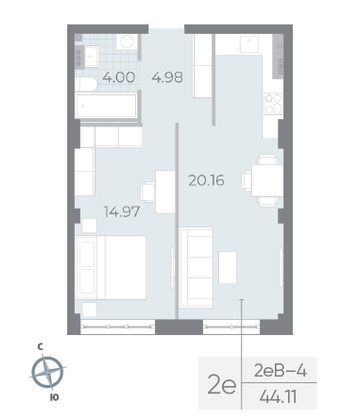 Продажа 1-комнатной квартиры 44,1 м², 4/8 этаж