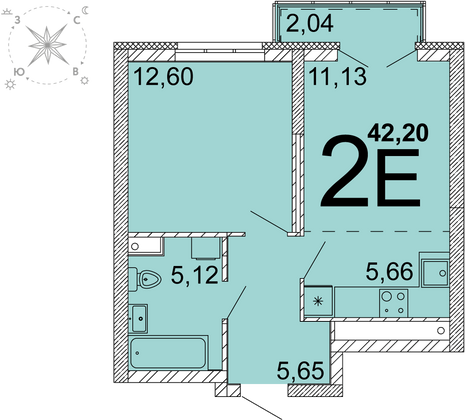 41,2 м², 2-комн. квартира, 27 этаж