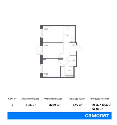 51,2 м², 2-комн. квартира, 14/24 этаж