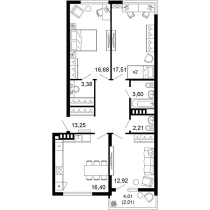 88 м², 3-комн. квартира, 2/10 этаж