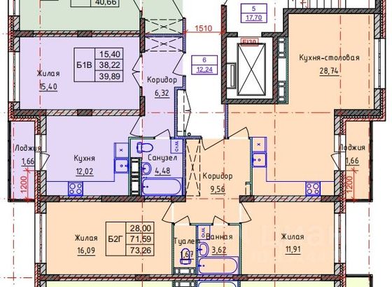 Продажа 2-комнатной квартиры 73,3 м², 6/10 этаж