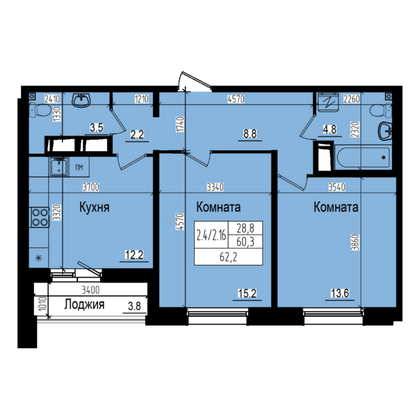 62,2 м², 2-комн. квартира, 20/23 этаж