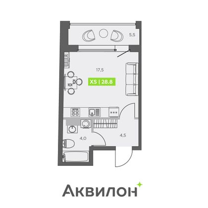 28,8 м², студия, 4/13 этаж