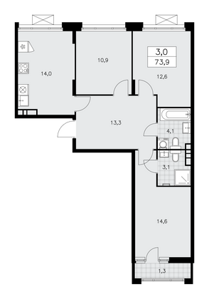 73,9 м², своб. планировка, 15/15 этаж