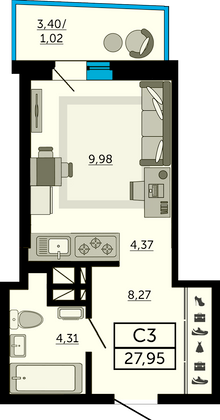 24,4 м², студия, 1/33 этаж