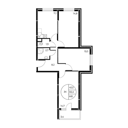 68,1 м², 3-комн. квартира, 2/25 этаж