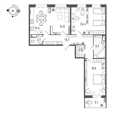 102,6 м², 3-комн. квартира, 8/19 этаж