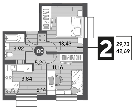 Продажа 2-комнатной квартиры 42,7 м², 2/12 этаж