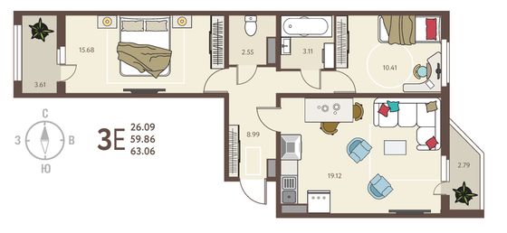 63,1 м², 2-комн. квартира, 2/18 этаж