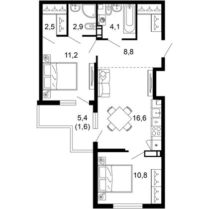 58,5 м², 2-комн. квартира, 13/17 этаж